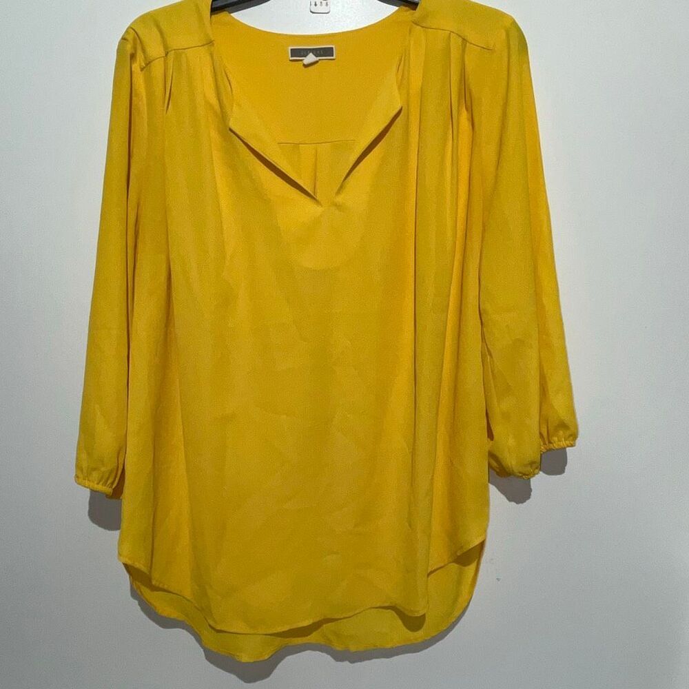 Pleione Women's‎ Yellow Split Neck Pleated 3/4 Sleeve Pullover Blouse Large
